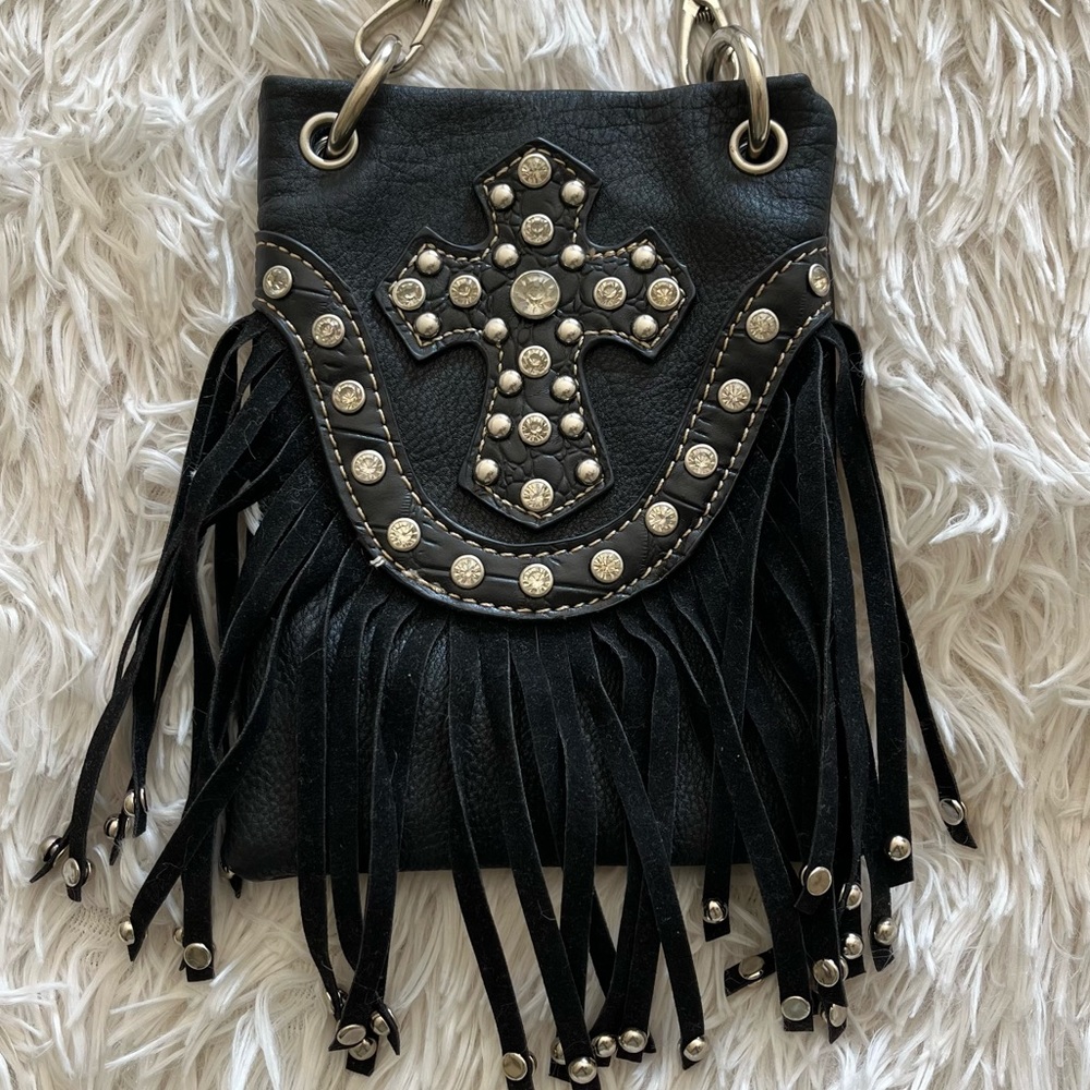Fringe Crossbody Bag with Studded Cross - Black